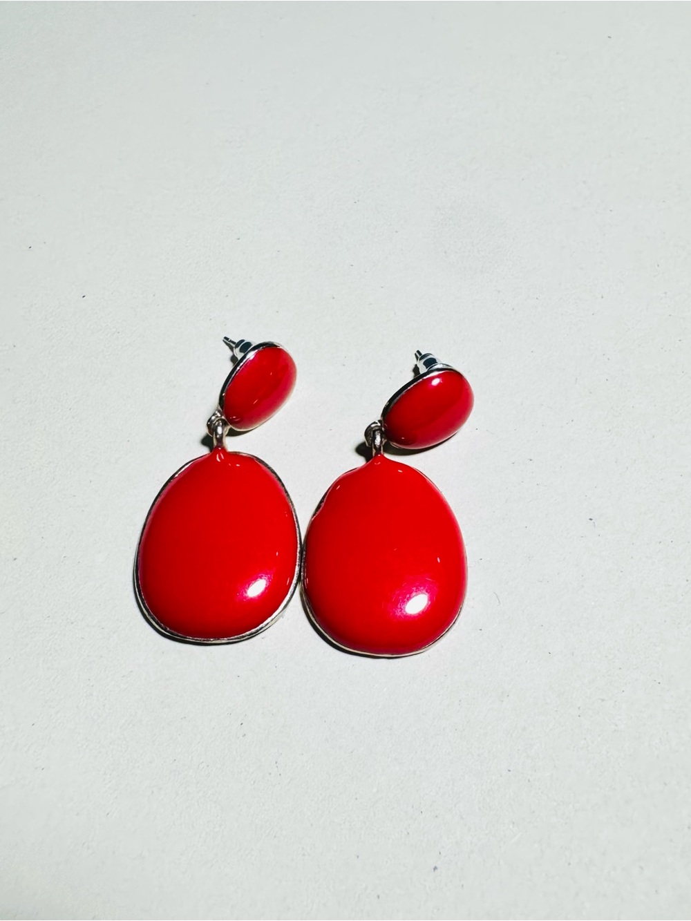 Vintage Red Enamel Double Drop Statement Earrings | Bold Retro Clip-On Style